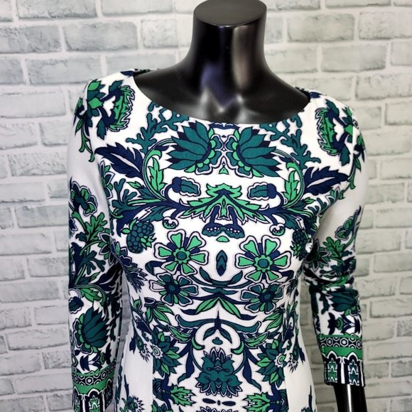 Eliza J Womens 4 Blue Green Paisley 3/4 Sleeve Crew Neck Sheath Dress - Picture 2 of 9